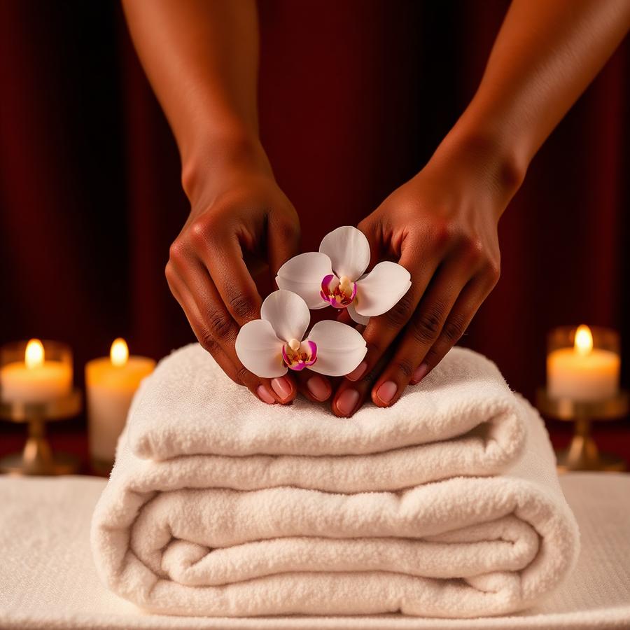 Serviettes et orchidées, rituel de massage Douceur Divine